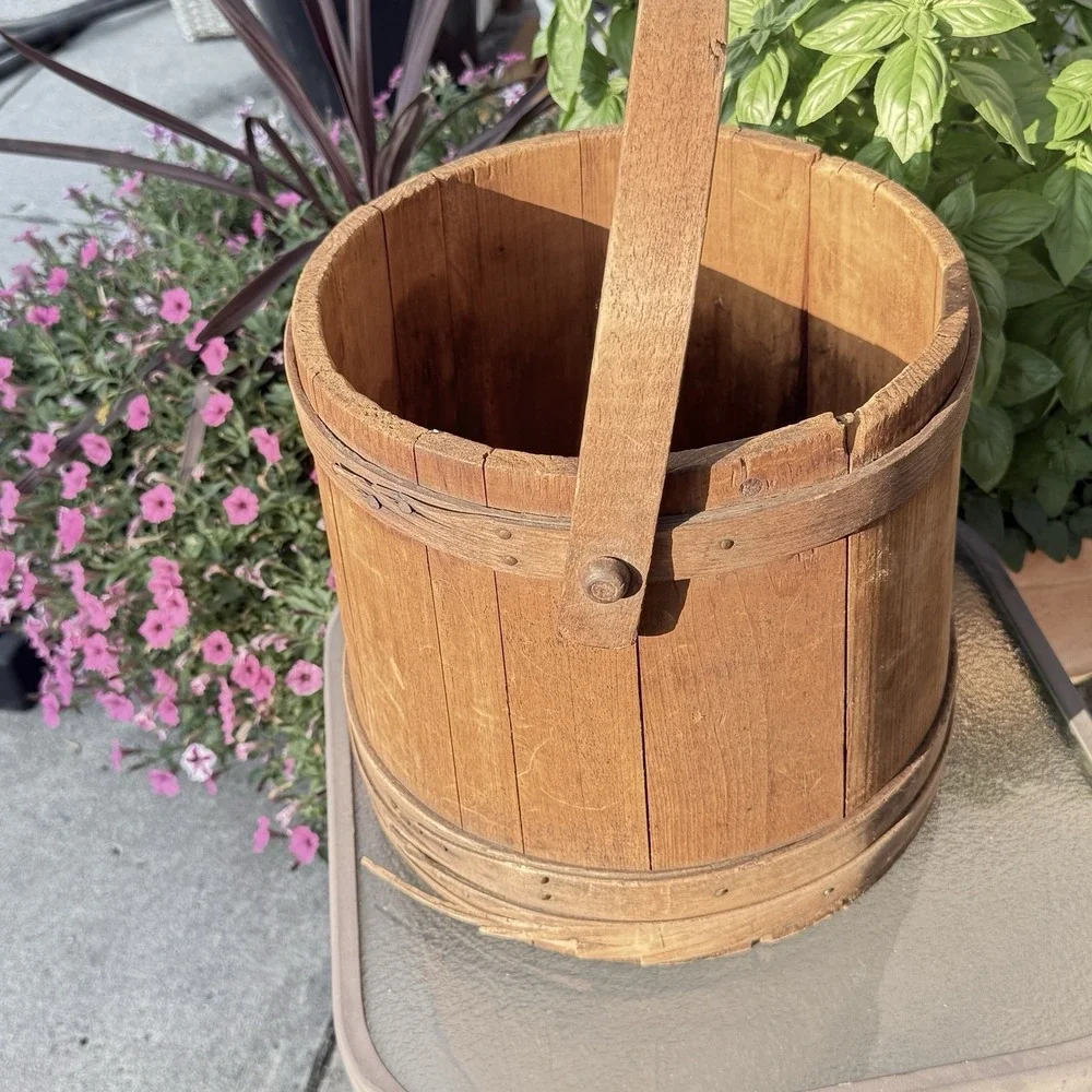 Antique Wooden Firkin Rustic Sugar Bucket Pail with handle  10